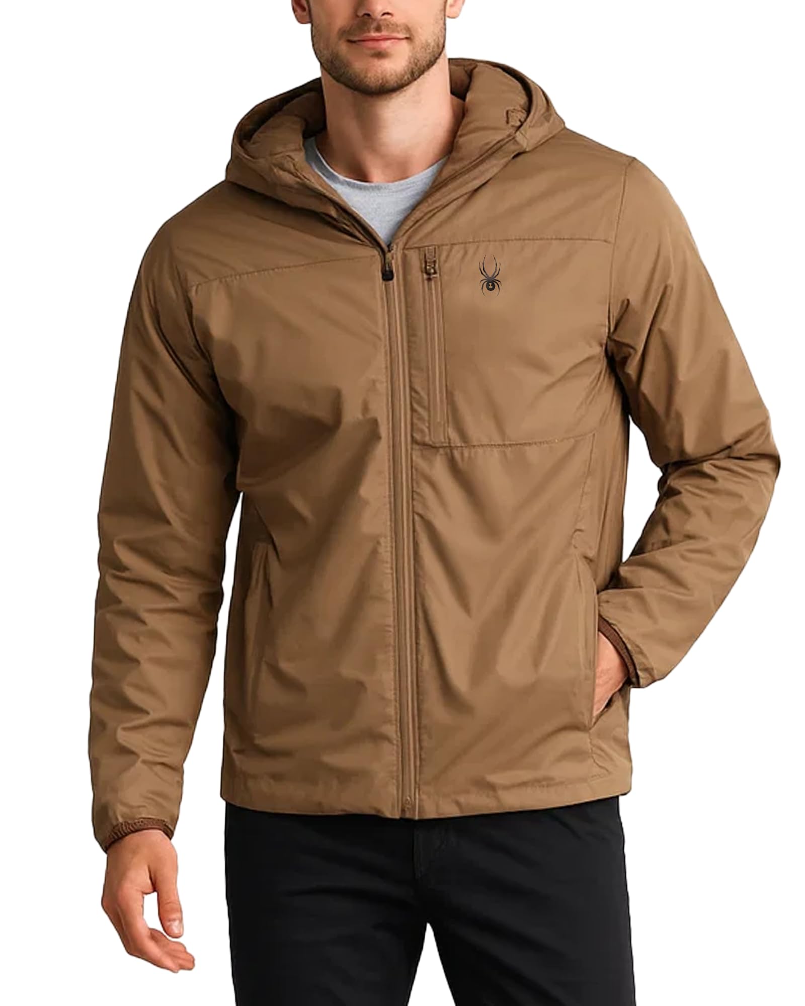 Photo 1 of Spyder Mens Windbreaker Jacket - Lightweight Insulated Water-Resistant Active Zip Up Hooded Windbreaker Jackets for Men, Size Large, Taupe