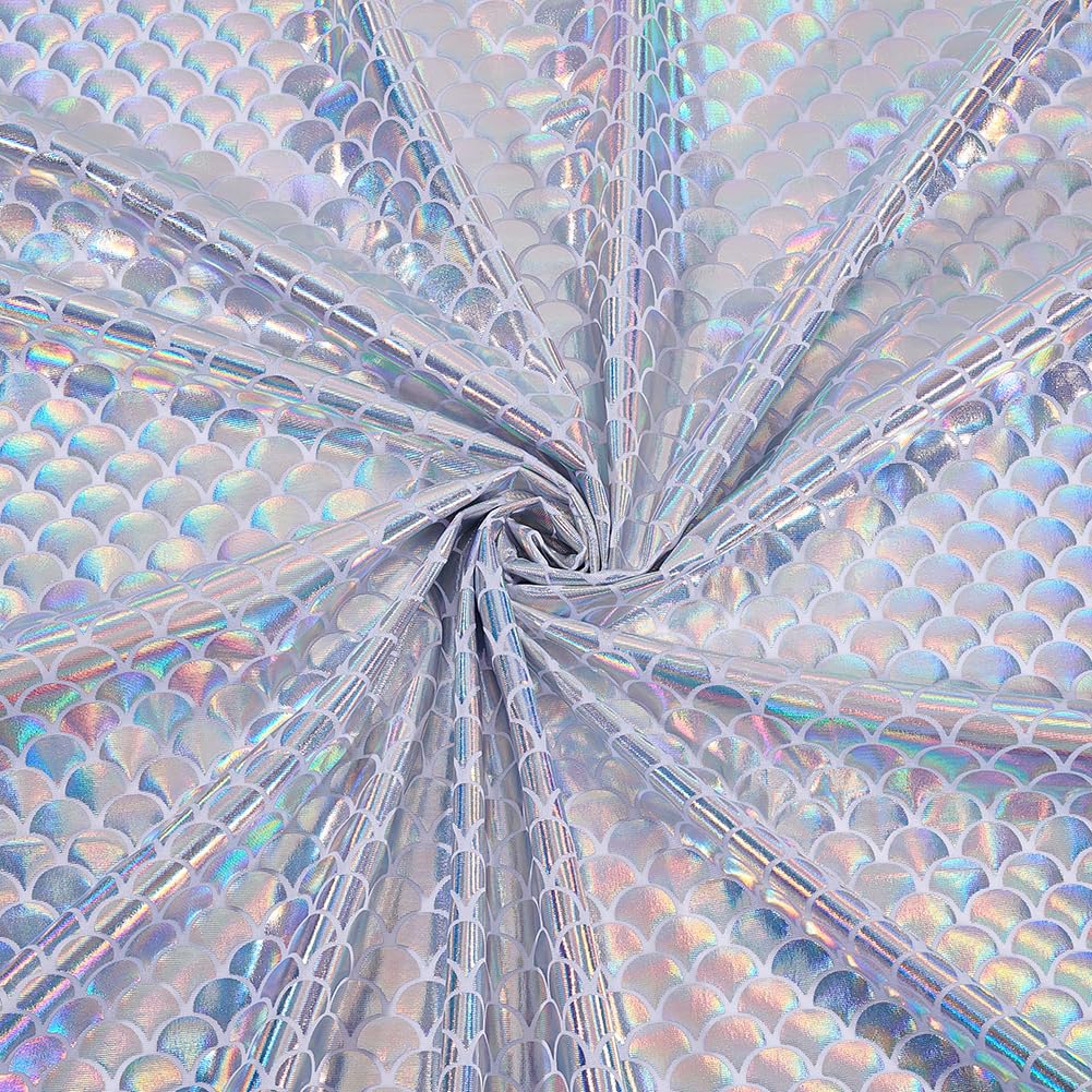 FINGERINSPIRE Sparkly Mermaid Fishscale Fabric - 1.5M x 1M Silver Iridescent 2-Way Stretch Spandex for Clothes Sewing, DIY Craft, Party Decor