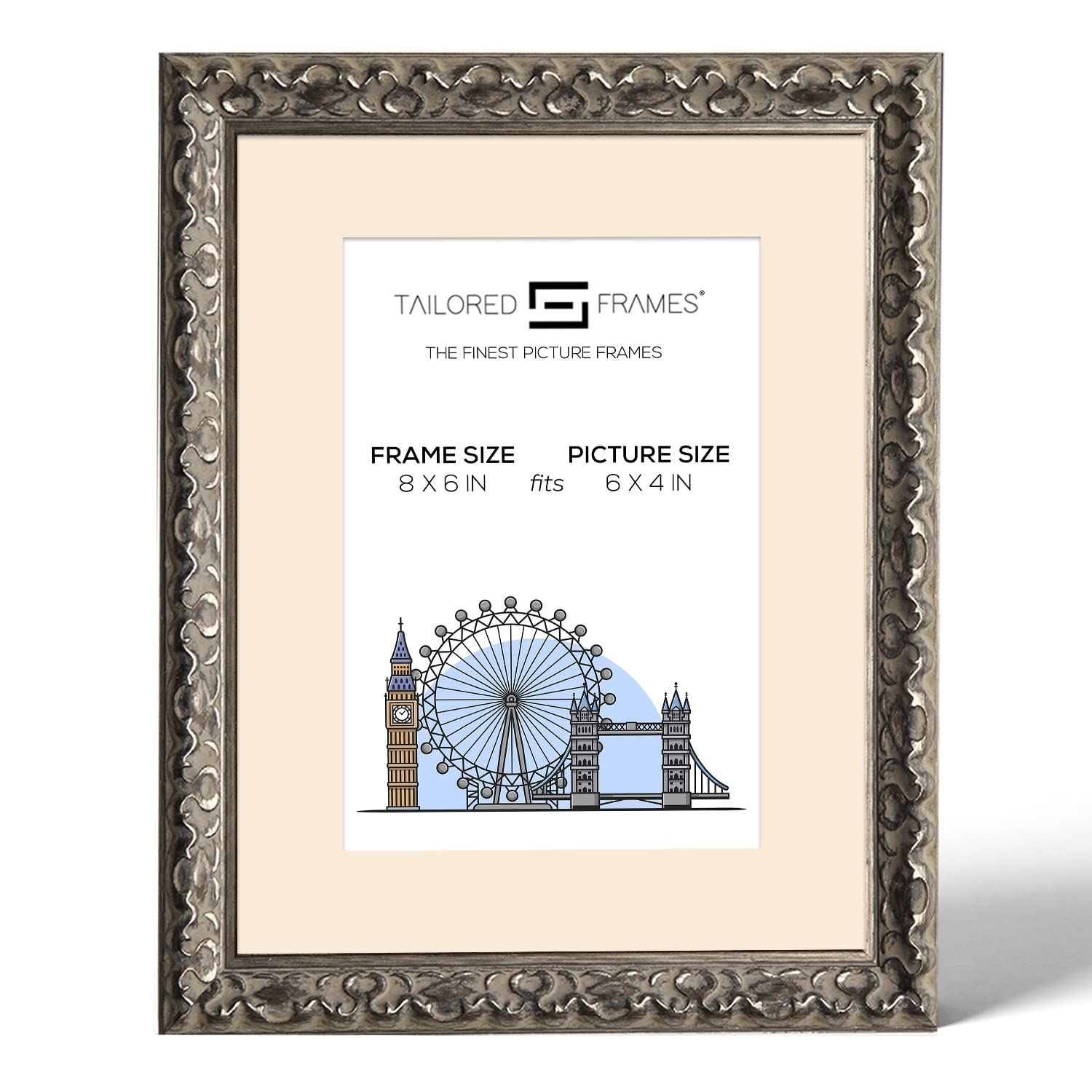 Tailored Frames Vienna Silver 8" X 6" Frame for 6" X 4" Picture | Rustic Style Vintage Single Picture Frame | Table Top & Wall Hanging Type | Photo Frame with Antique Mount