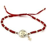 SIFRIMANIA Red String Macrame Adjustable Handmade Bracelet with Gold Filled Beads and Miraculous Virgin Charm for Women and Girls