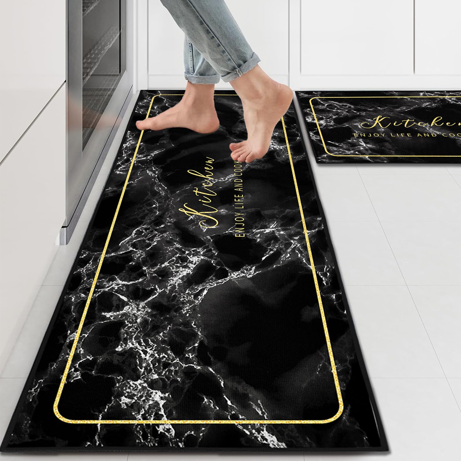 Black Kitchen Rugs and Mats Sets of 2 Pieces Funny Kitchen Decoration Non Slip Super Absorbent Kitchen Mat Runner Rug for Sink,Hallway,Laundry Room (Black Marble, 40x120cm+40x60cm) — image 1