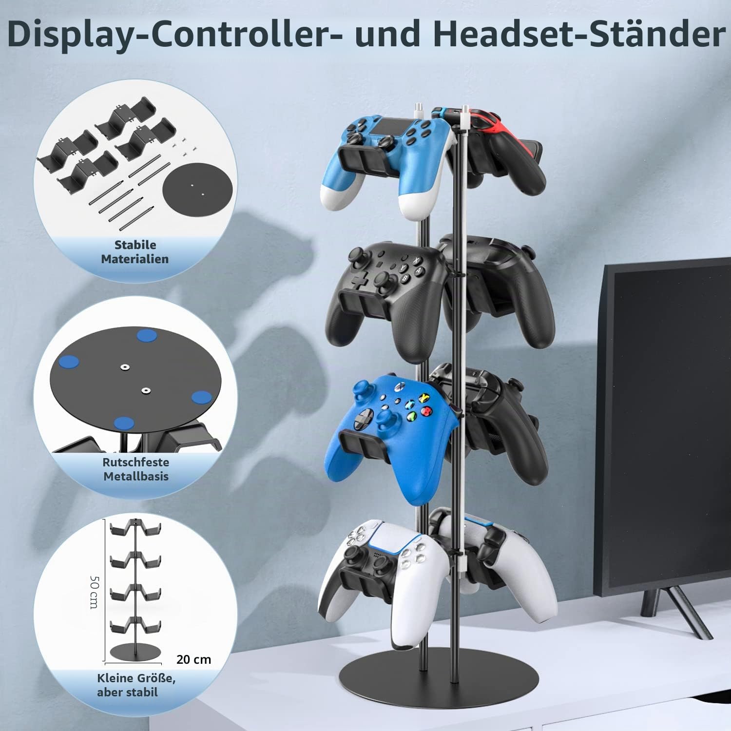 Gaming Deko Controller Halterung, 4-Stufen Controller Halter & Kopfhörer Halterung Tisch mit Kabel Gaming Organizer, Kopfhörer Halter für Universaler Controller/Headset, Gaming Zubehör Zimmer Deko 5