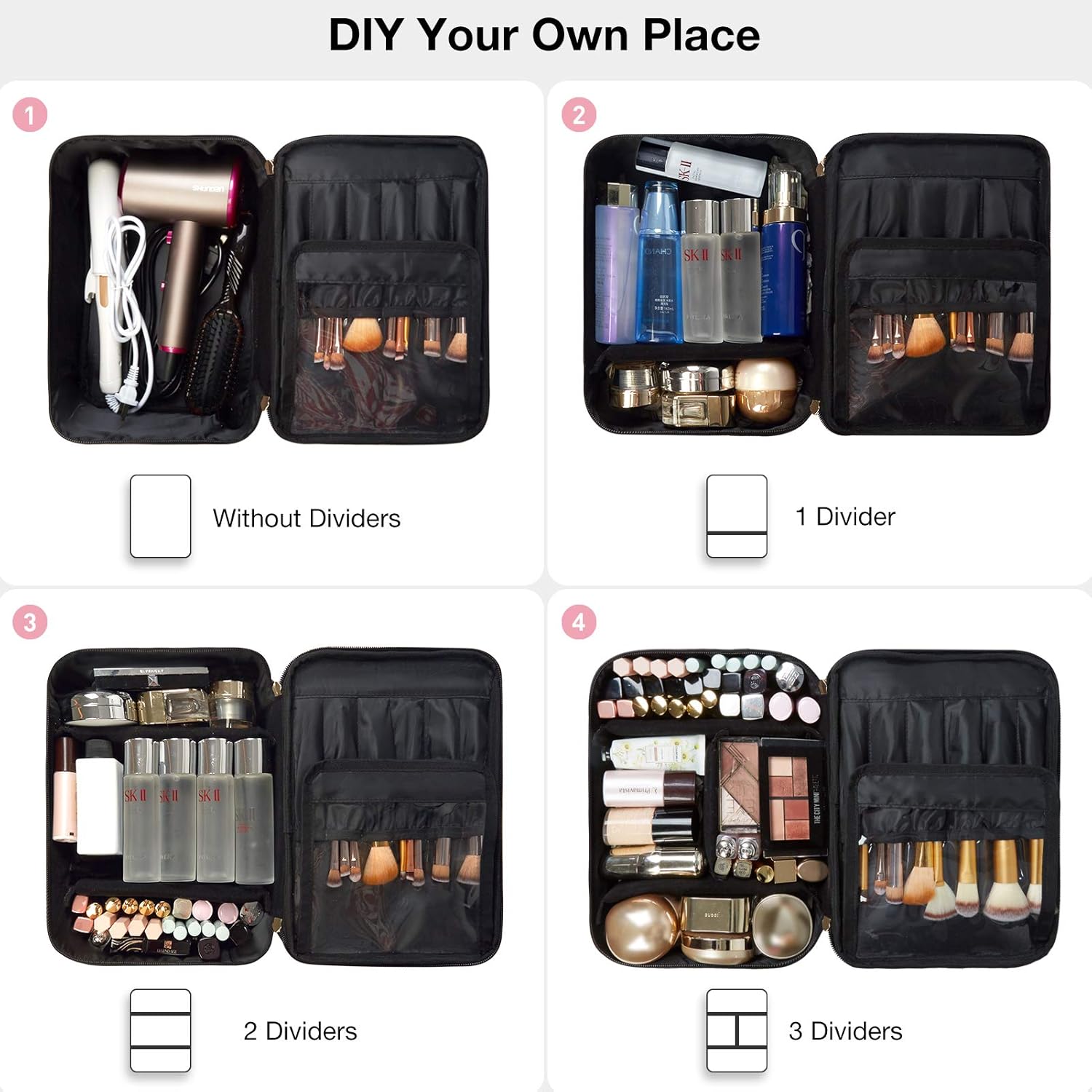 Travel Makeup Bag, BAGSMART Extra Large Cosmetic Bags Double Layer with Adjustable Dividers, Leather Makeup Bags Water-resistant Leather with Portable Clear Travel Makeup Cases, for Makeup, Cosmetics Tools, Brushes