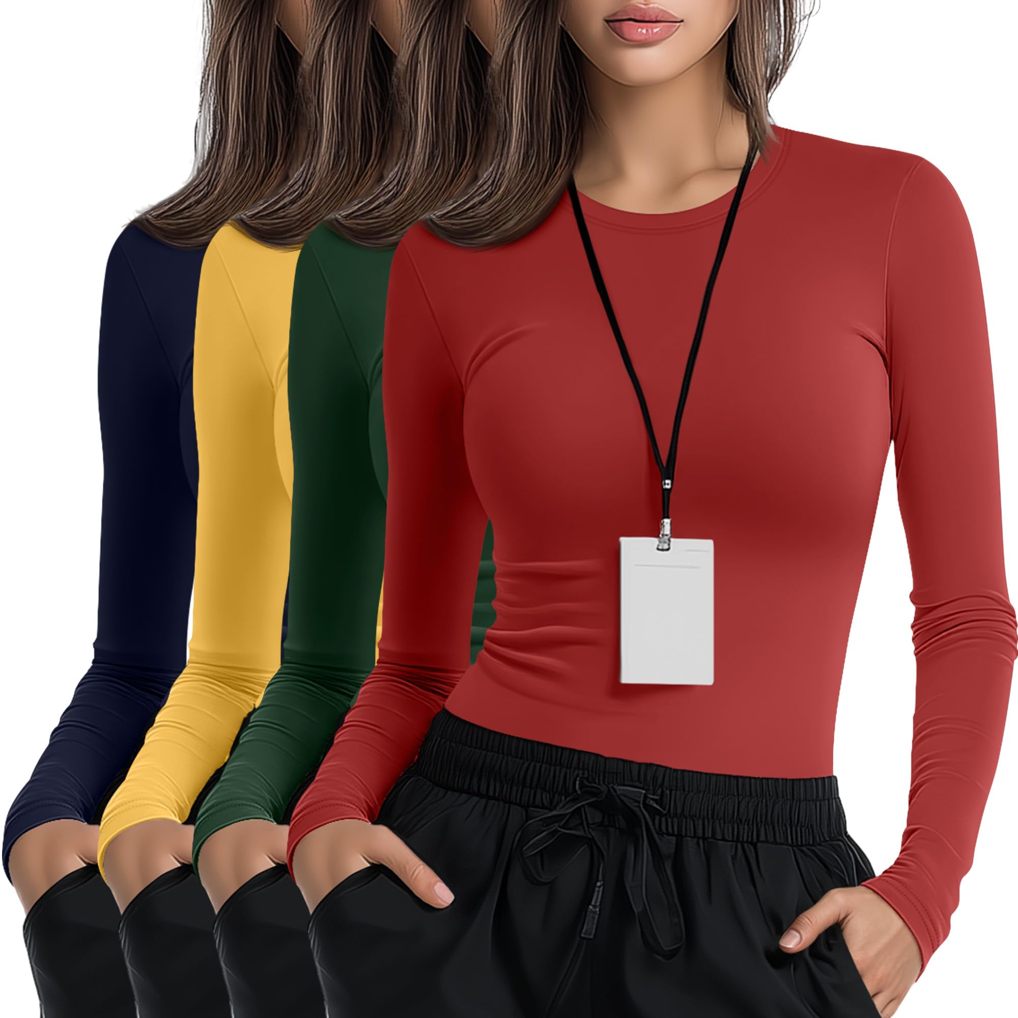 Photo 1 of Xaatren 4 Pack Women's Underscrub Shirts Nurse Undershirts Long Sleeve Crewneck Slim Fit Tops Soft Stretchy Basic Tee(Red, Green, Yellow, Navy Blue,Small)