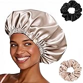 MIS-SILK Bonnet Sleeping for Women Satin Hair Bonnet, Anti Frizz Silk Sleep Cap Women-Hair Accessories Beige