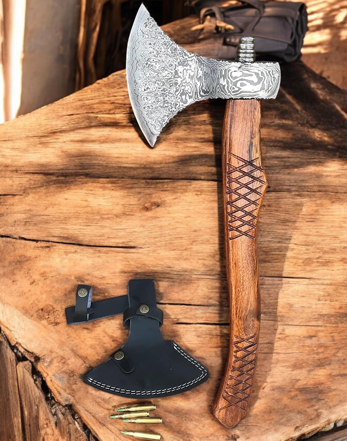 Poshland AX-7000 Custom Gift Forged Damascus Steel Vintage Axe with Rose Wood Shaft, Viking Bearded Camping Axe (AX-7000) (AX-8194) Image
