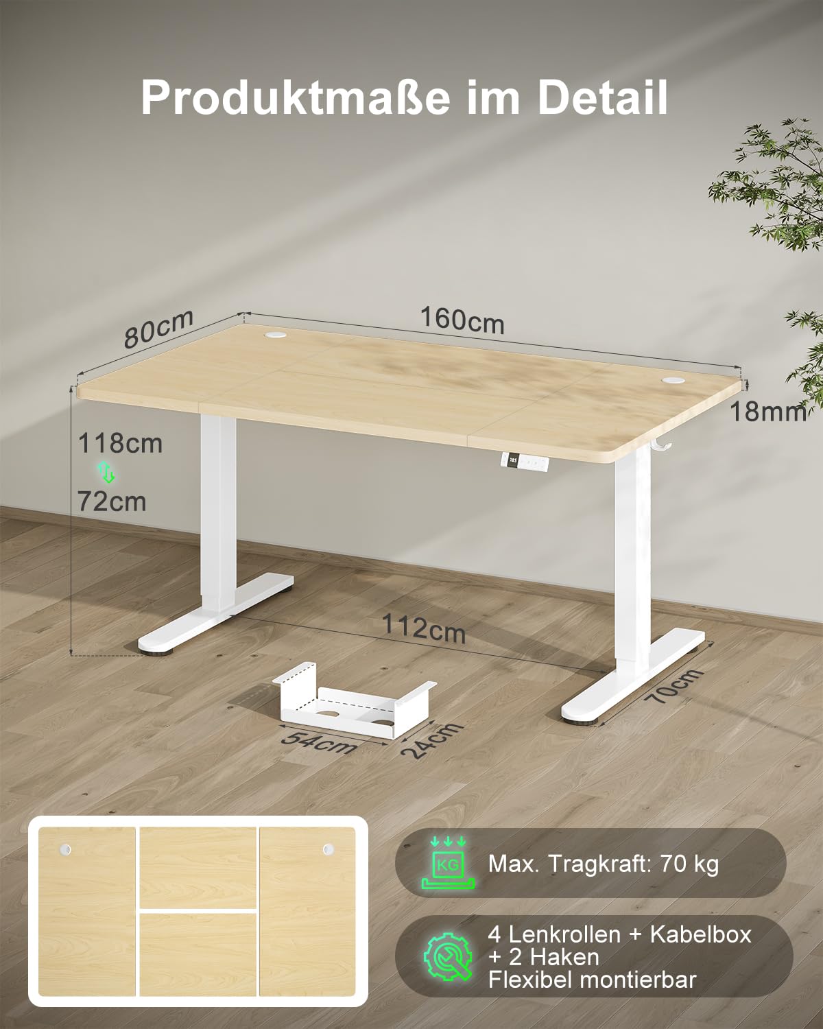 Devoko Höhenverstellbarer Schreibtisch 160x80cm mit Typ-C Ladeanschluss, Schreibtisch Höhenverstellbar Elektrisch, Mobiler Elektrisch Computertisch mit Kabel Management Tray, Eiche 5