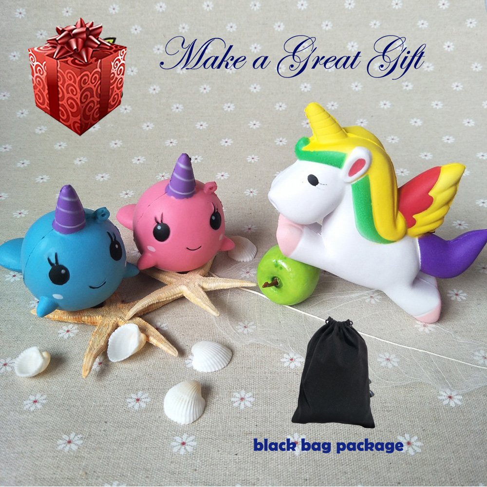 Squishy Unicornio, Ballena Squishy||Squishy Slow Rising||Squishys Kawaii||Antiestres Squishy Juguetes para niños y niña - Regalo de Navidad con el bolso negro del regalo