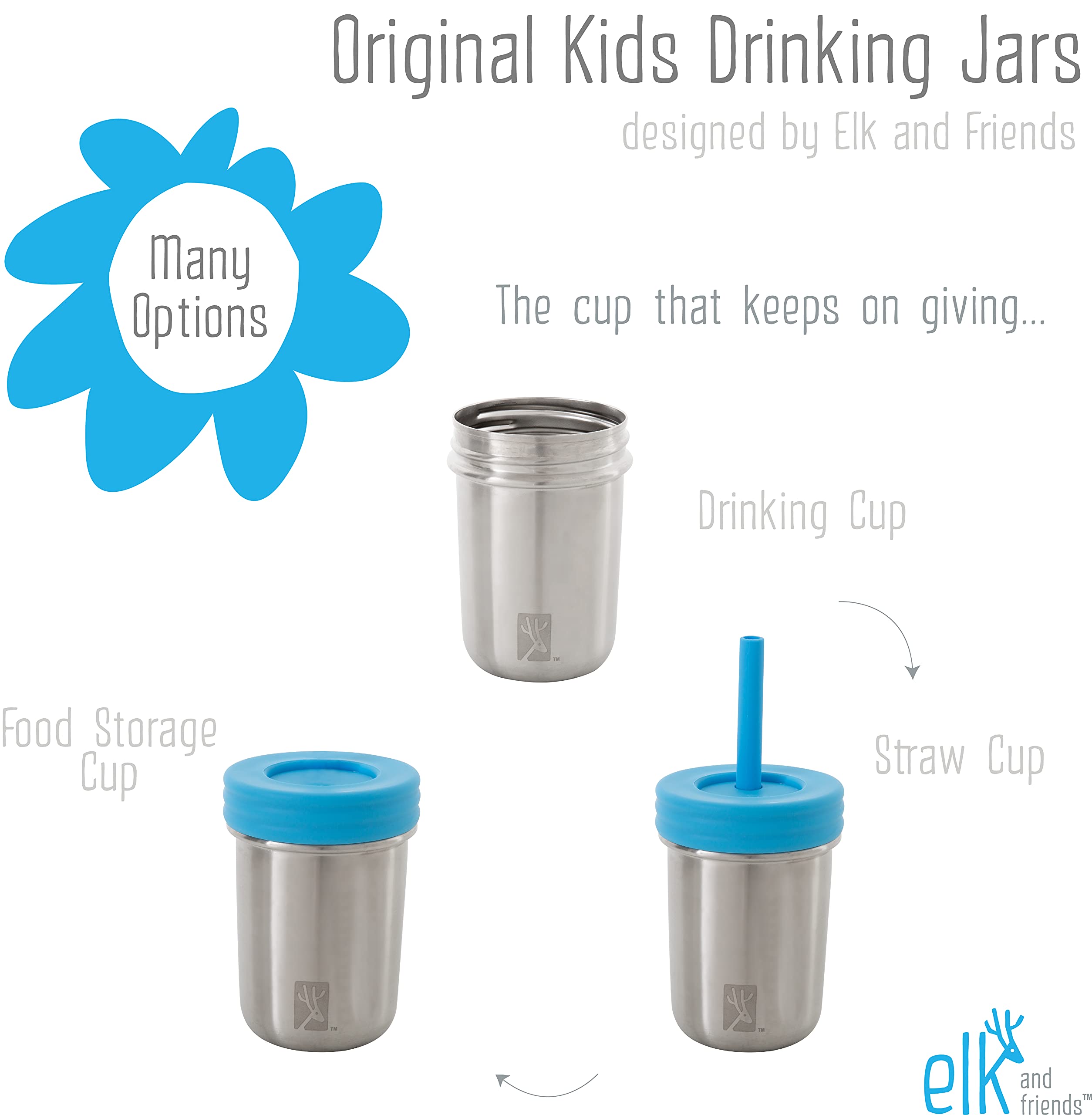 Elk and Friends 10oz Stainless Steel Kids + Toddler Drinking Cups | The Original Mason Jars with Lids + Sleeves + Straws | Smoothie Cups | Spill Resistant | Dishwasher Safe | 4 Pack