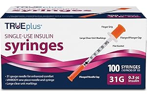 TRUEplus Single-Use Insulin Syringes, 31G 0.3cc 5/16 Inch Needle Length, 100 Count (10 Packs of 10)
