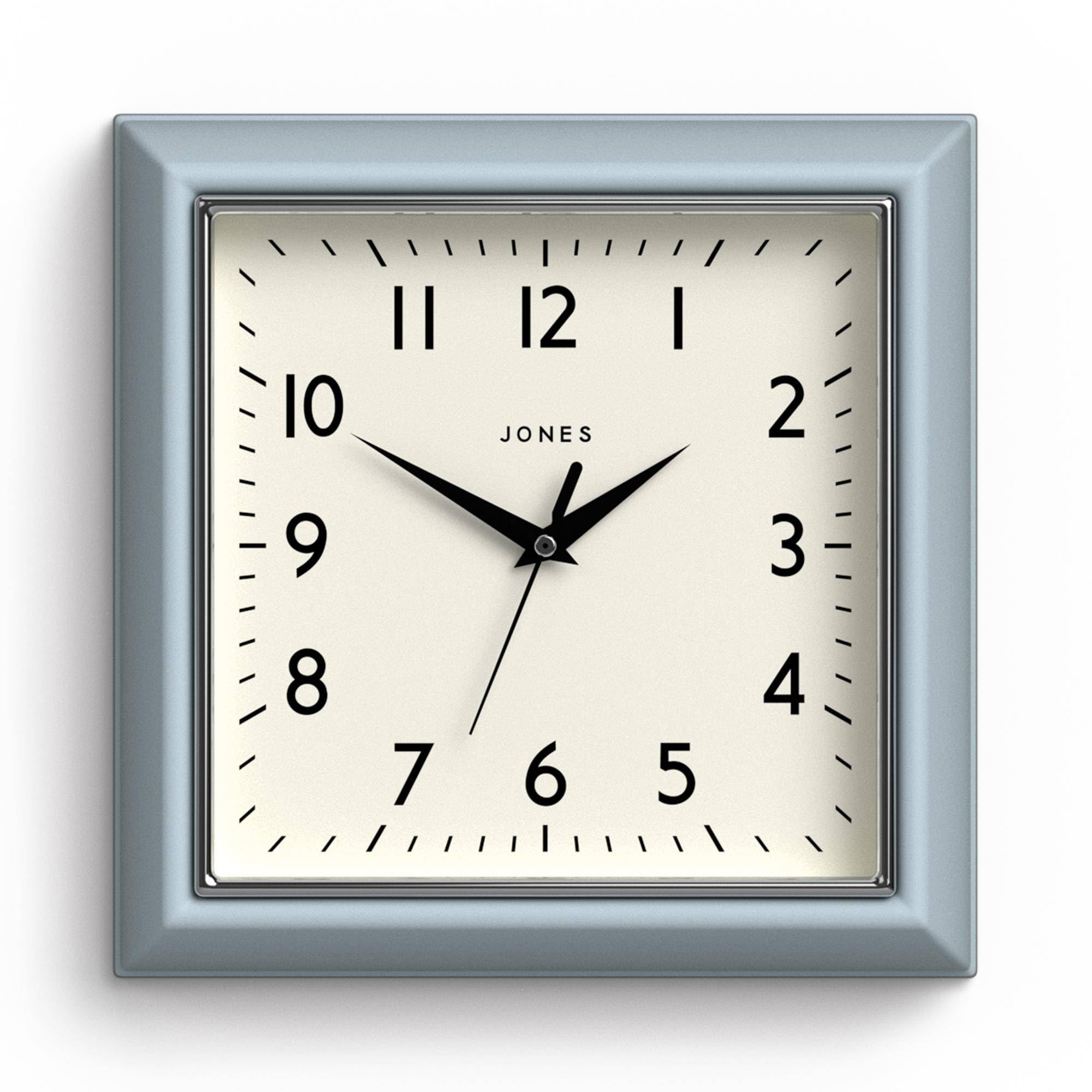 Jones Clocks® Mustard wall clock | Square retro clock | 25cm | Pale blue | Easy to read numbers | Perfect for kitchen or office