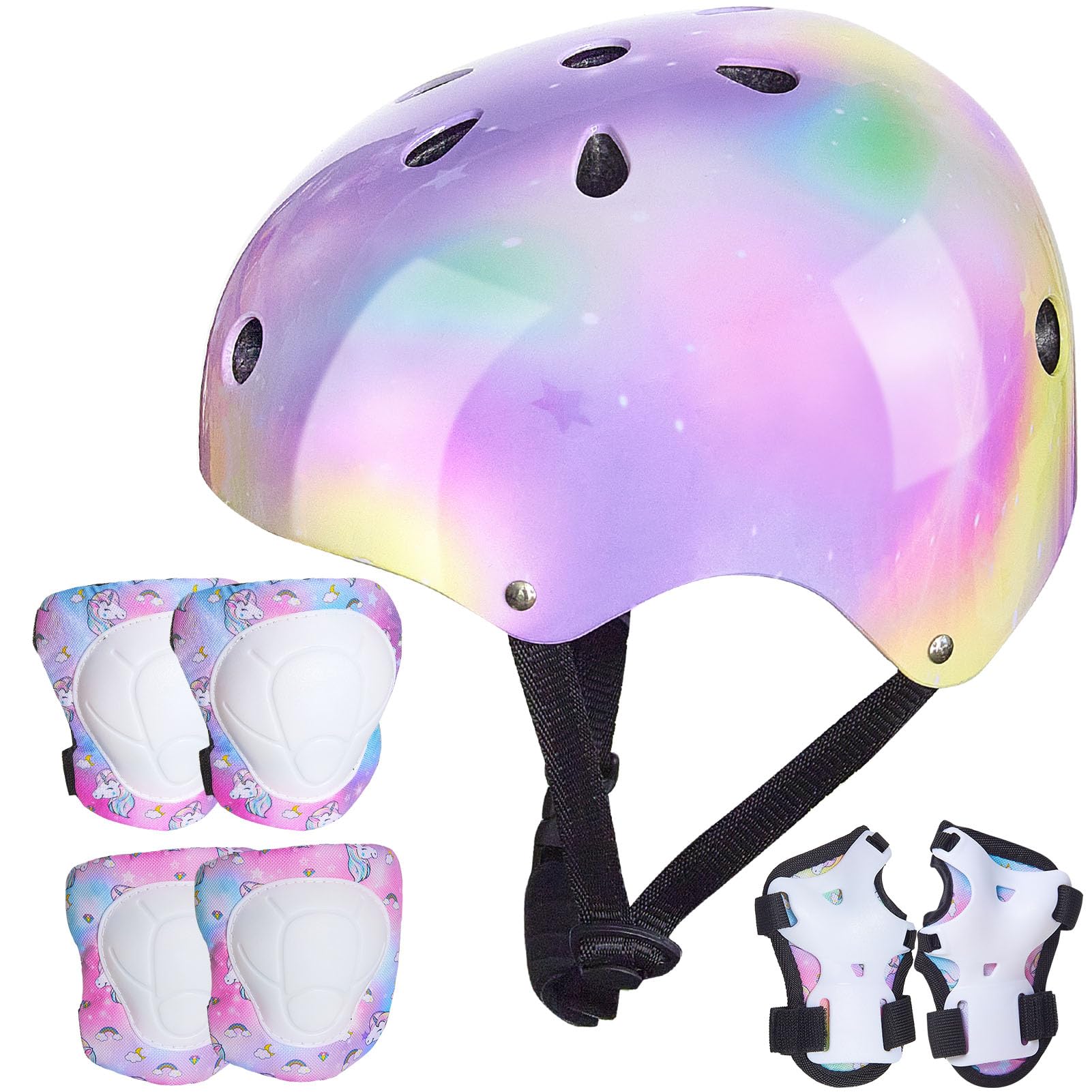 Kids Helmet Knee Elbow Wrist Pads Adjustable Knee Pads Elbow Pads Wrist Guards Skateboard Helmets for Scooter Cycling Skating Girls,3-8 Years