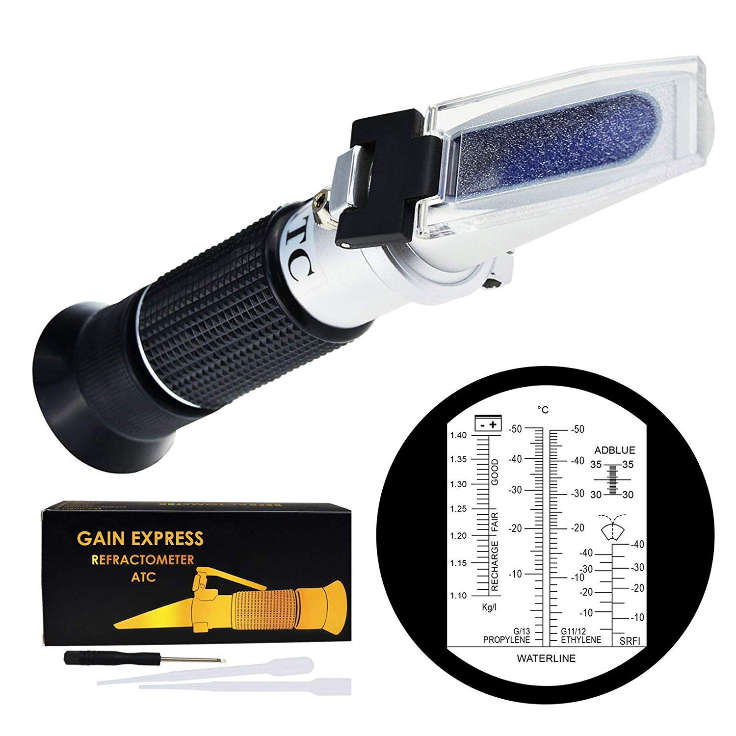 6-in-1 Automotive Car Refractometer ATC for Adblue/Antifreeze/Battery Acid/Windshield Fluid, Coolant Charge Specific Gravity Density Condition