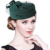 Z&X British Vintage Wool Felt Pillbox Hat Ladies Church Derby Winter Fascinator Hat Veil Flower Fedoras