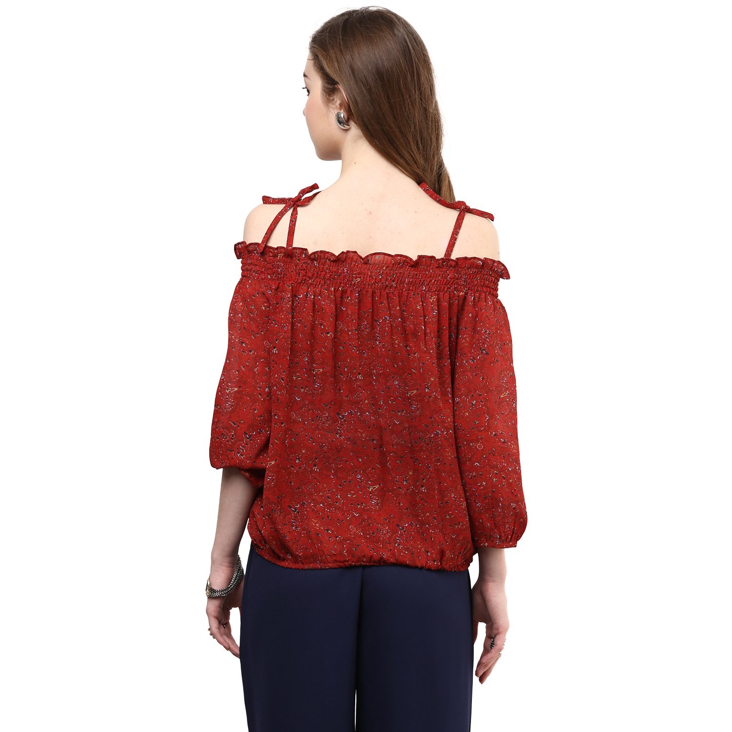rare rust red printed off-shoulder blouson top (ep1001a)