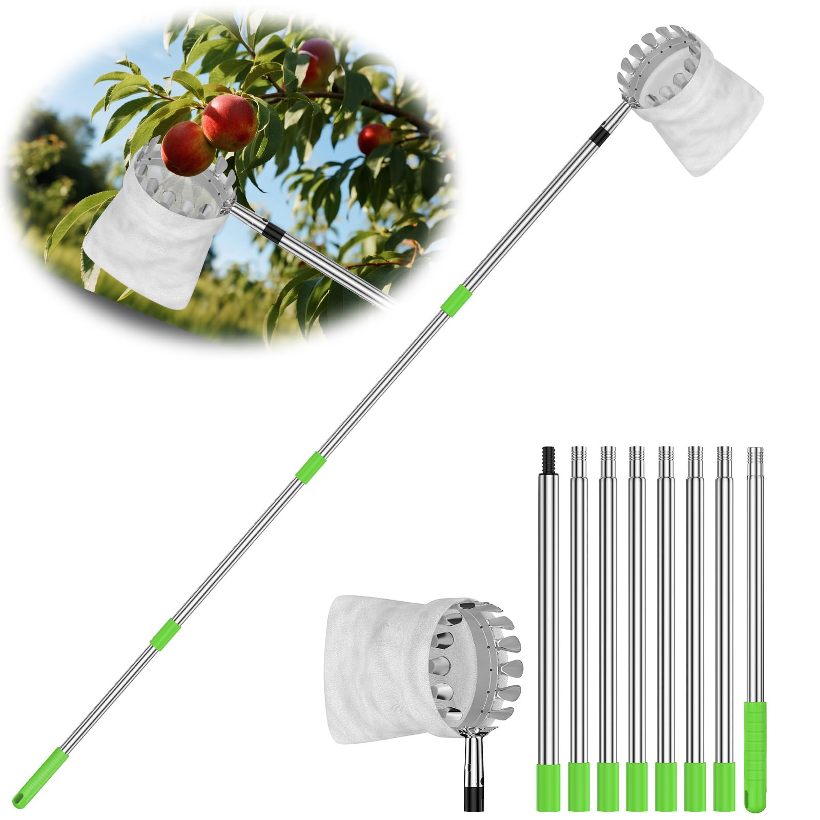 Photo 1 of 6.6 FT Fruit Picker Tool with Stainless Steel Pole & Soft Cloth Basket – Lightweight Tree Fruit Harvester for Apple, Mango, Orange, Pear, Lemon, Plum & More – Rust-Resistant, Easy Assembly