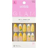 Kiss Glam, Press On Nails, Nail glue included, 'Cherish the Moment', Yellow, Long Size, Almond Shape, Includes 32 Nails, 2g Glue, 1 Manicure Stick, 1 Mini File