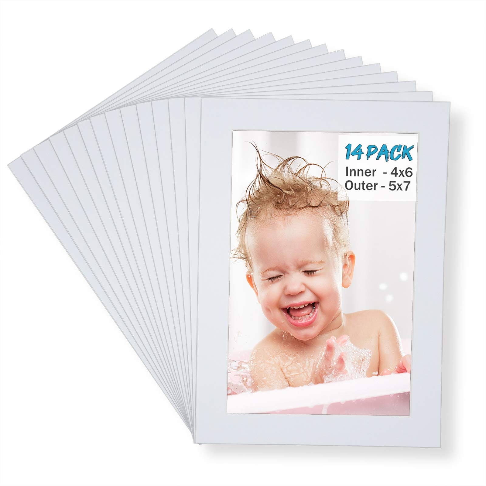 Photo 1 of Egofine 5x7 White Picture Mats Pack of 14, Frame Mattes for 4x6 Pictures, Acid Free, 1.2mm Thickness, with Core Bevel Cut
