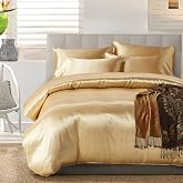 AiMay 3 Piece Satin Duvet Cover Set (1 Duvet Cover + 2 Pillowcases) Rich Silk Silky 100% Super Soft Microfiber Honeymoon Sexy Bedding Collection (Queen, Gold)