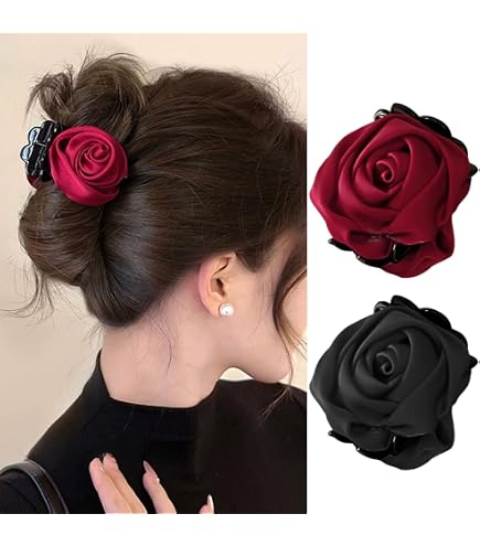 Black silk/satin Rose Hair Clip Large Black Fabric Flower Hair Clip: Wired Taffeta Rose  main image 4