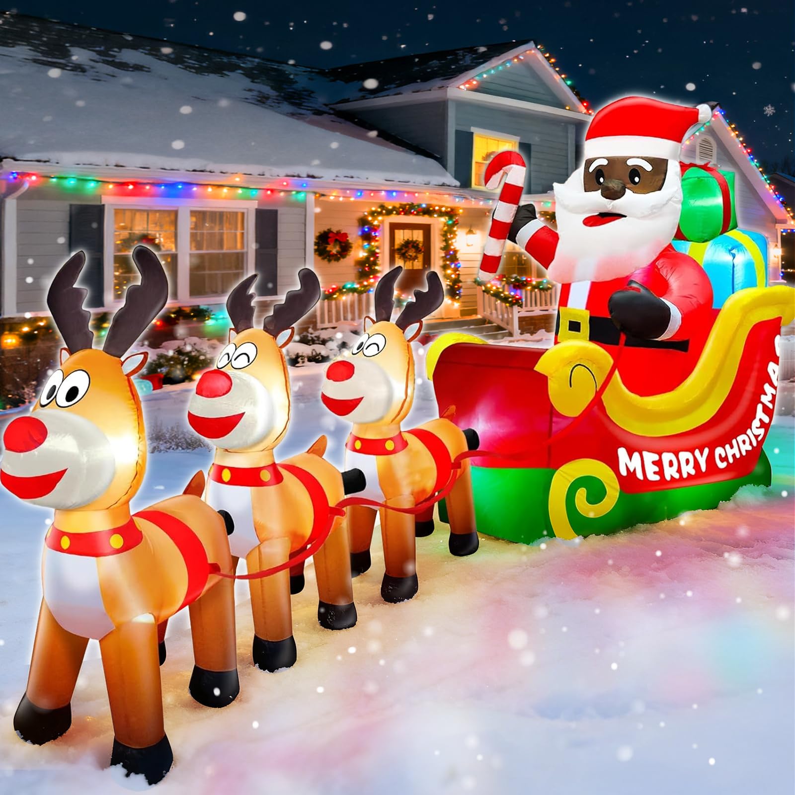 Photo 1 of 12 Ft Long Christmas Inflatable Black Santa Rides in a Sleigh Pulled by Three Reindeer with Gift Box, African American Christmas Decorations Built-in LED Lights Blow up Xmas Decor for Yard Lawn Garden