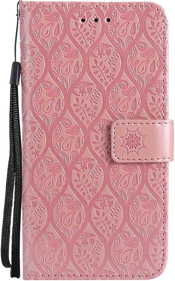 Xperia XZ2 Compact Case, EST Premium Vegan Leather Elegant Rattan Flower Floral Pattern Slim Flip Wallet Case with Wrist Strap for Sony Xperia XZ2 Compact, Rose Gold