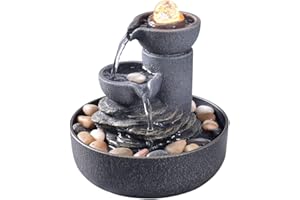 GOSSI Tabletop Fountain Indoor Fountain 2-Tiered Water Meditation Decorative Waterfall w/LED/Cobblestone/Glass Rolling Ball S