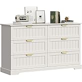 ELUREVIA 6 Wooden Drawer Dresser for Bedroom Storage, Modern Farmhouse Wood Chest of Drawers with Metal Handles, Wide Storage Cabinet for Closet, Living Room, or Entryway White
