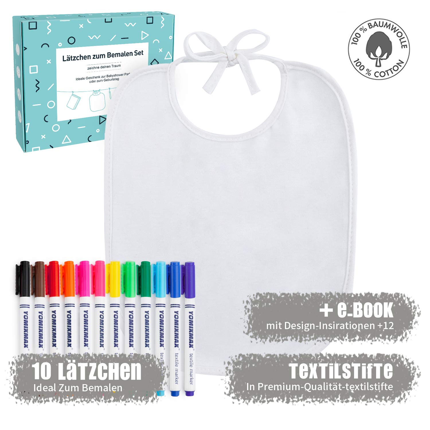 Baby White Paint Bibs for Baby Shower 10 Cotton Dribble Bibs and 12 Premium Markers Textile Pens