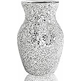 HMRCYTE Crystal Mosaic Vase, Silver Crackle Glass Vase, Shiny Modern Decor Handmade Vase, Glitter Mosaic Accent Container Table Centerpiece for Home Decor Office Living Room Bookshelves Wedding Gift