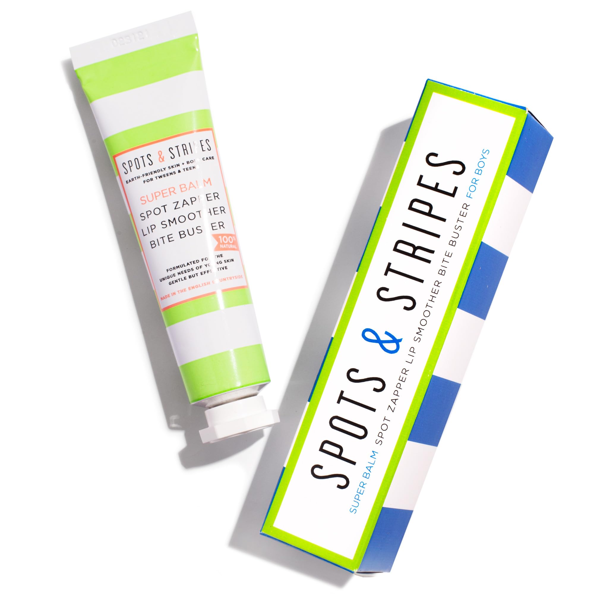 Spots & Stripes - Teenage Spot Treatment Boys, 100% Natural Skincare, Multi-Purpose Spot Zapper, Lip Balm and Skin Rescue for Tweens in One Genius Stick, with Niaouli, Coconut and Myrrh (15g)