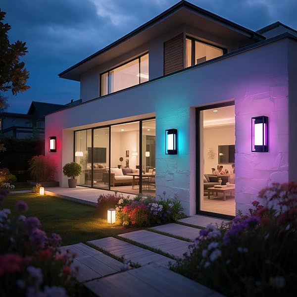 MODERN OUTDOOR WALL LIGHTS, 1500 LM SMART LED PORCH LIGHTS WITH 47 SCENE MODES, RGBCW EXTERIOR LIGHTING SCONCE, IP65 WATERPROOF, DIY COLOR EFFECTS FOR PATIO CHRISTMAS DECOR 1 PACK