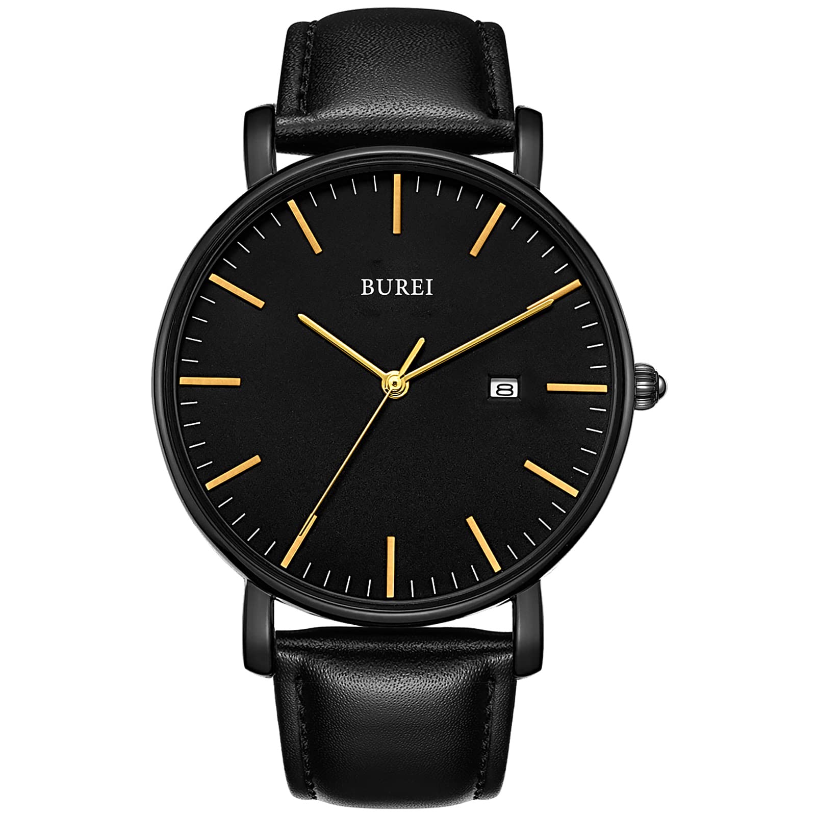 BUREI Men's Watches, Classic Analogue Dial with Date Japanese Quartz and Ultra-Thin Stainless Steel Mesh Band (Gold Black, Leather)