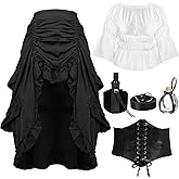 Toulite 6 Pcs Halloween Pirate Costume Women Medieval Dress Renaissance Outfit Pirate Shirt Skirt Corset Belt Bottle