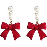 Silver Bow Earrings for Women Ribbon Dangle Earring Black Red Pearl Earrings for Brides Dainty Bowknot Velvet Jewelry Wedding Birthday Christmas Gifts