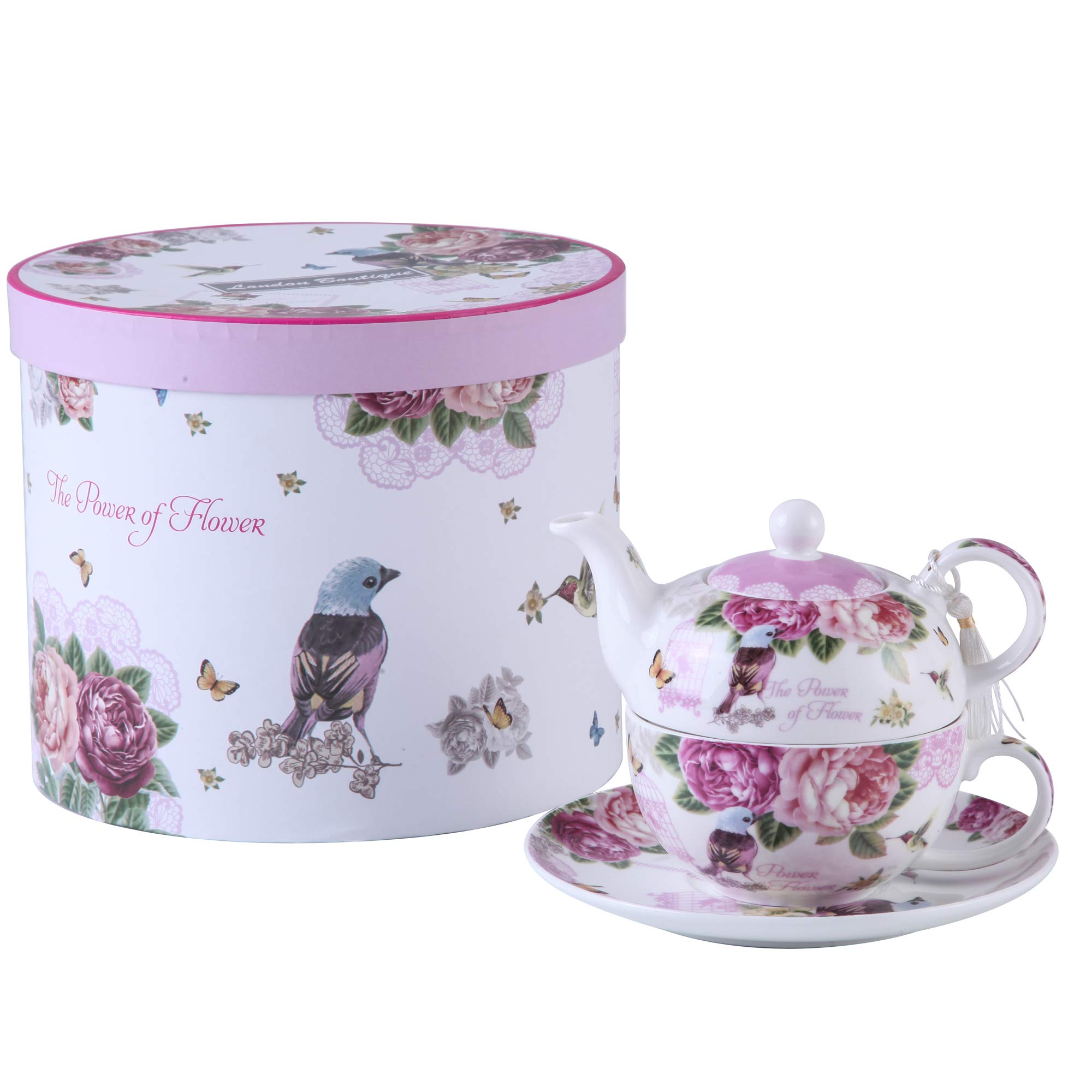 Tea for One, London Boutique Teapot Cup Saucer Set Gifts for Women Tea Set for 1 New Bone China Vintage Flora Gift for Her 350m (Bird Rose Butterfly)