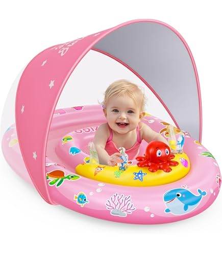 Flotador Bebé Con Toldo UPF50+ – Asiento Ajustable, Correas Y Bomba – Para 6-36 Meses (8-16kg)