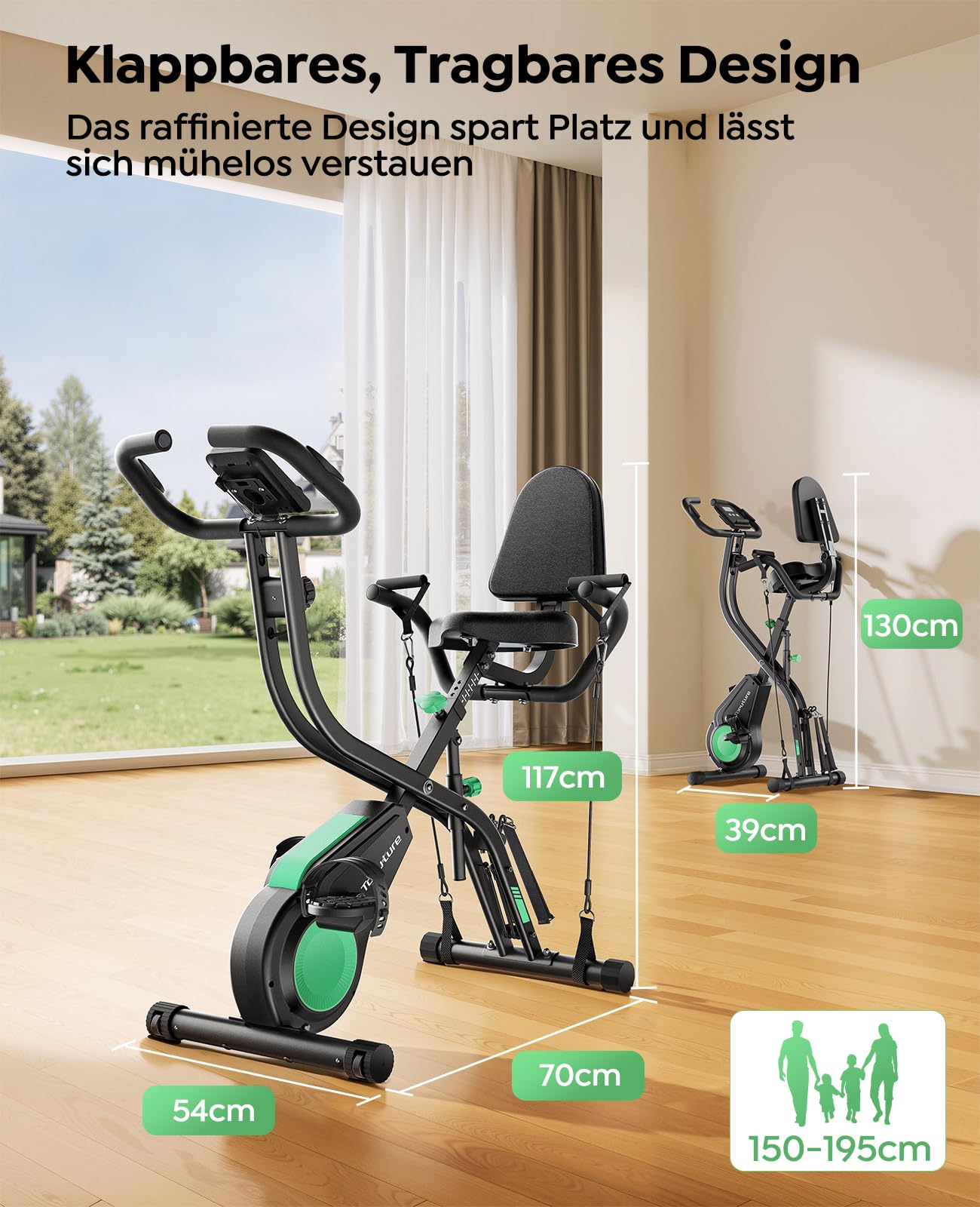 Neu Toputure Heimtrainer Fahrrad Klappbar mit App, 5-in-1 Ergometer mit Hand-Bein-Zugseilen, 16 Magnetwiderstand, Indoor Hometrainer bis 140 KG, Ultraleise 8