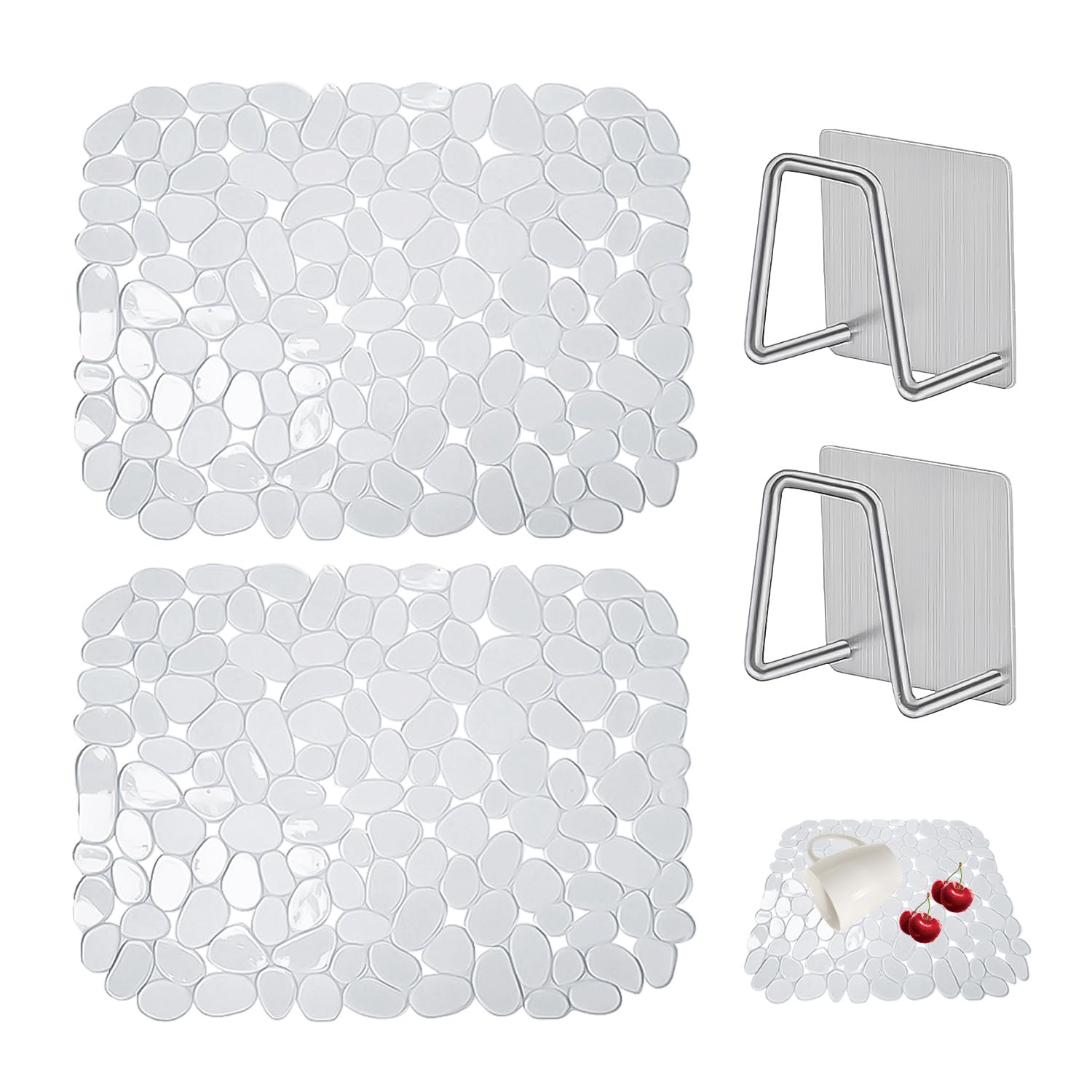 TYGFRT 2 Sink Mats, 2 Drain Racks, Sink Protector Mat, Sink Drain Mat, Kitchen Sink Protector Mat, Transparent Kitchen Mat, Kitchen Sink Silicone Drain Mat, Kitchen Sink Mat Anti-Slip Sink Protector Mat