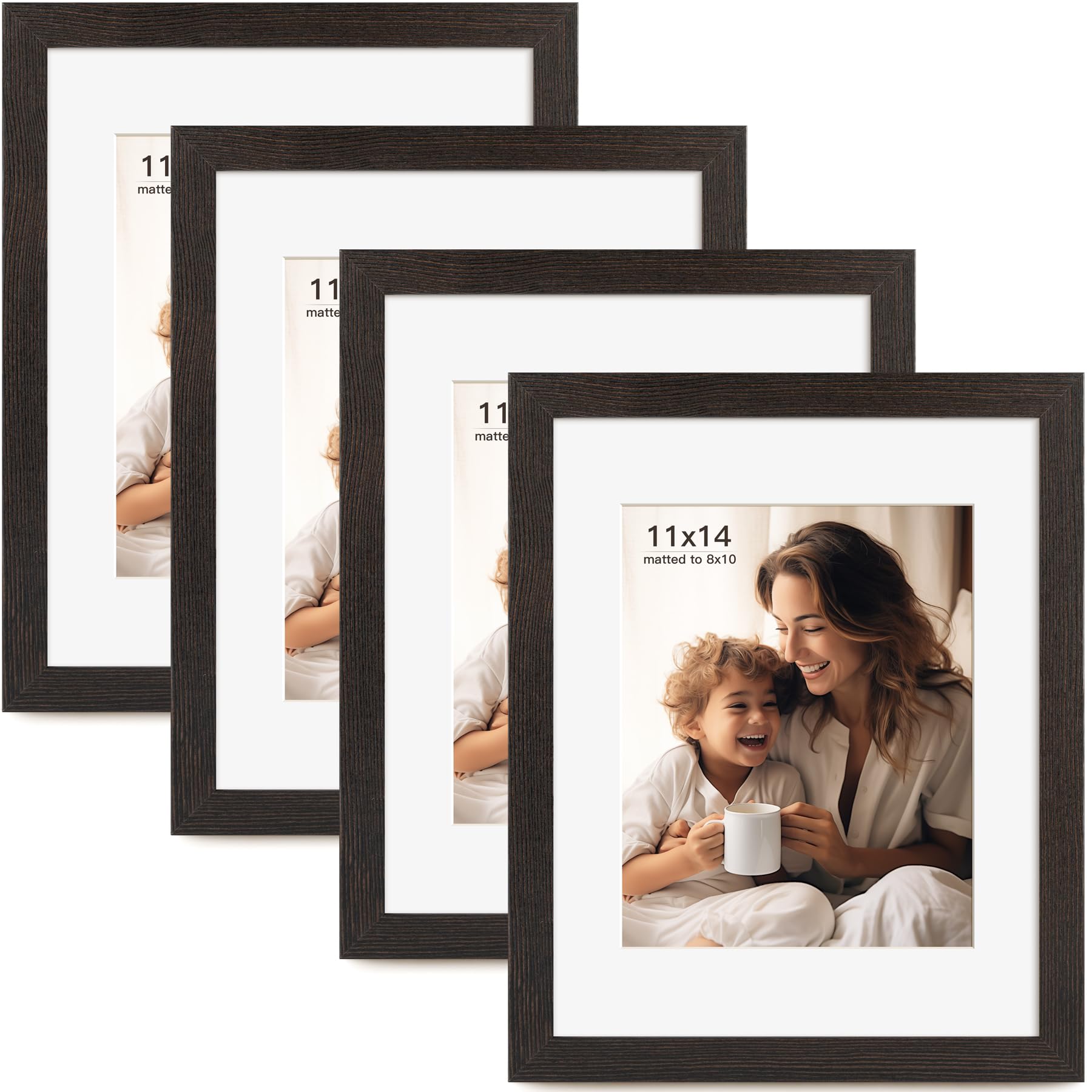 Photo 1 of FinalFind 11x14 Picture Frame with Mat for 8x10, Set of 4 Black Wood Grain 11 x 14 Picture Frames for Horizontal &Vertical Wall Mounting (4 Pack,Black)