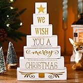 Yousoontic 7 Pcs Christmas Wooden Block Signs Farmhouse We Wish You a Merry Christmas Table Centerpieces White Gold Xmas Rustic Tiered Tray Decor for Party Decorations