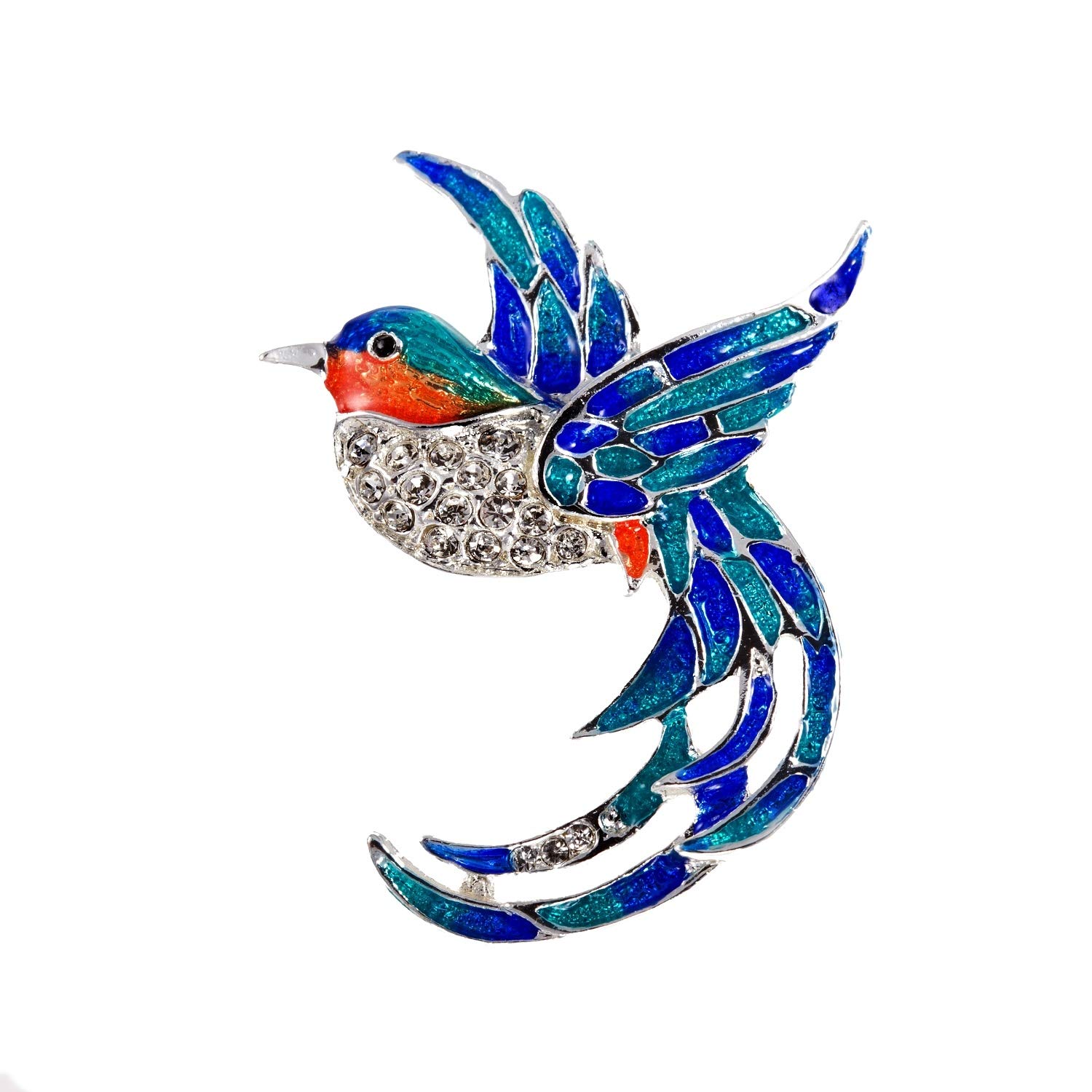 Bird of Paradise Brass Blue Enamel Crystal Silver Plated Brooch Pin 4.5 x 3 cm