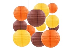 PheiLa 12 Pcs Fall Paper Lanterns Thanksgiving Decorations Yellow Orange and Brown Paper Lanterns Autumn Decorative Round Hanging Party Decorations Harvest Theme Party Supplies
