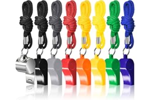 FineGood 7 Pack Plastic Coaches Referee Whistles with Lanyards, 1 Pcs Stainless Steel Metal, Colorful Whistles for Football Sports Lifeguards Survival Emergency Training - Multi-Color