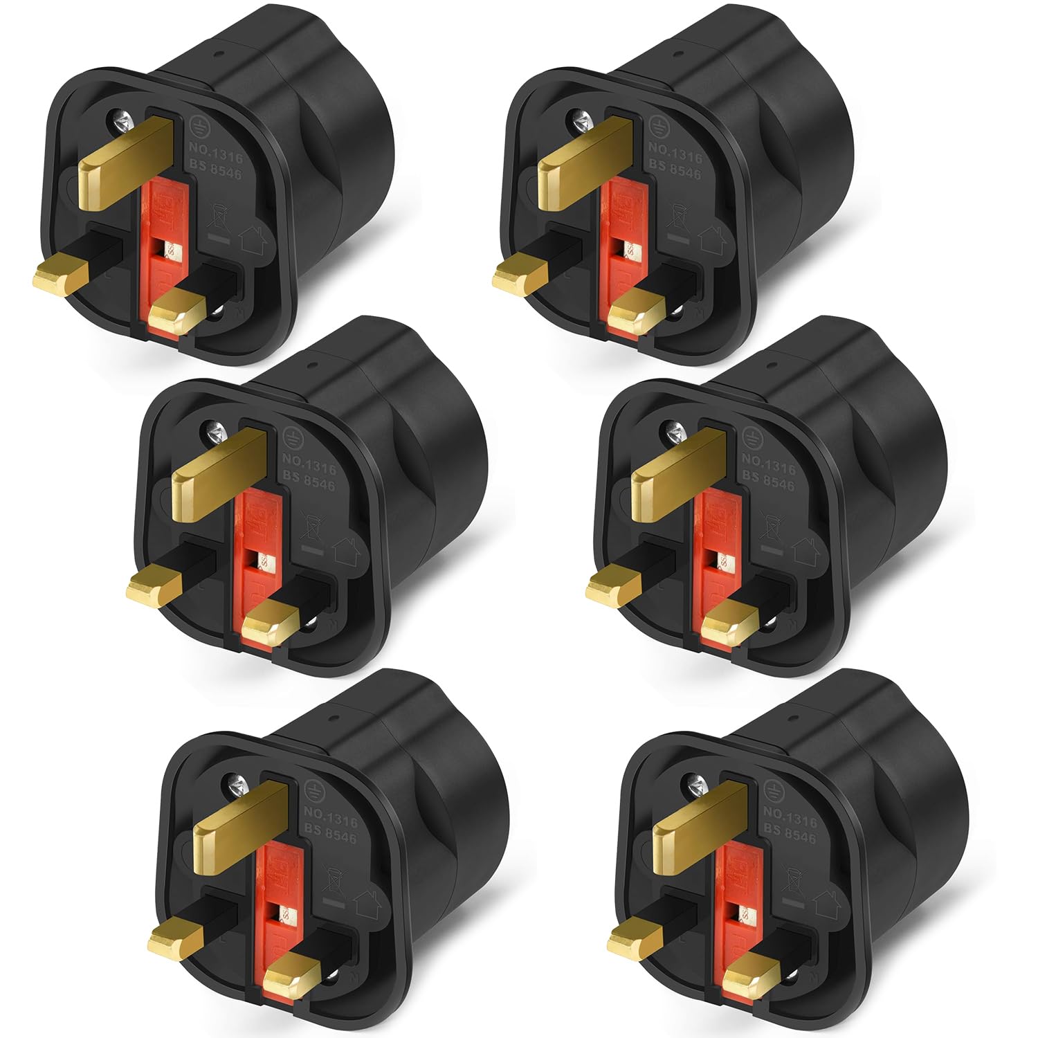 VGUARD European to UK Plug Adapter 6 Pack BS8546 Certified Travel Adapter 2-Pin to 3-Pin, EU Schuko to UK Plug with 13A Fuse for Europe French Spanish German Turkish to UK Socket - Black