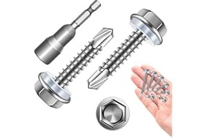 Self Drilling Screws for Metal 100Pcs #10 x 1 Self Tapping Screws for Metal Plastic Wood, 410 Stainless Steel Hex Head Sheet Metal Screws, High-Strength Quick Self-Tapping Screws by Marysino