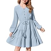 Arshiner Tween Girls Dresses Fall Long Sleeve V Neck Waist Tie Ruffle Tiered Swing Skater Dress