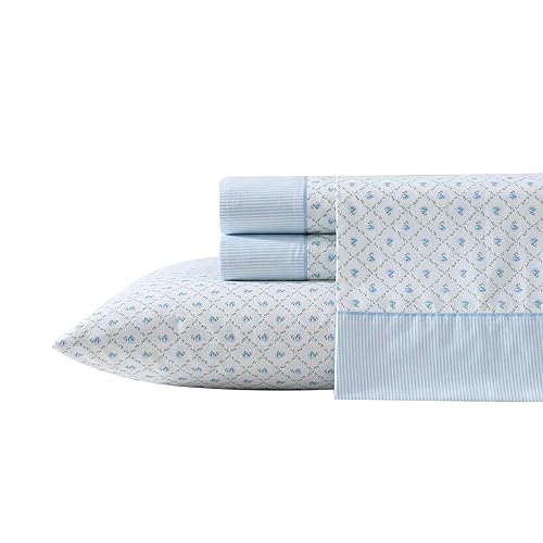 Laura Ashley - Full Sheet Set, Breathable Percale Cotton Bedding, 200 Thread Count, Floral Home Decor (Blue, Full)