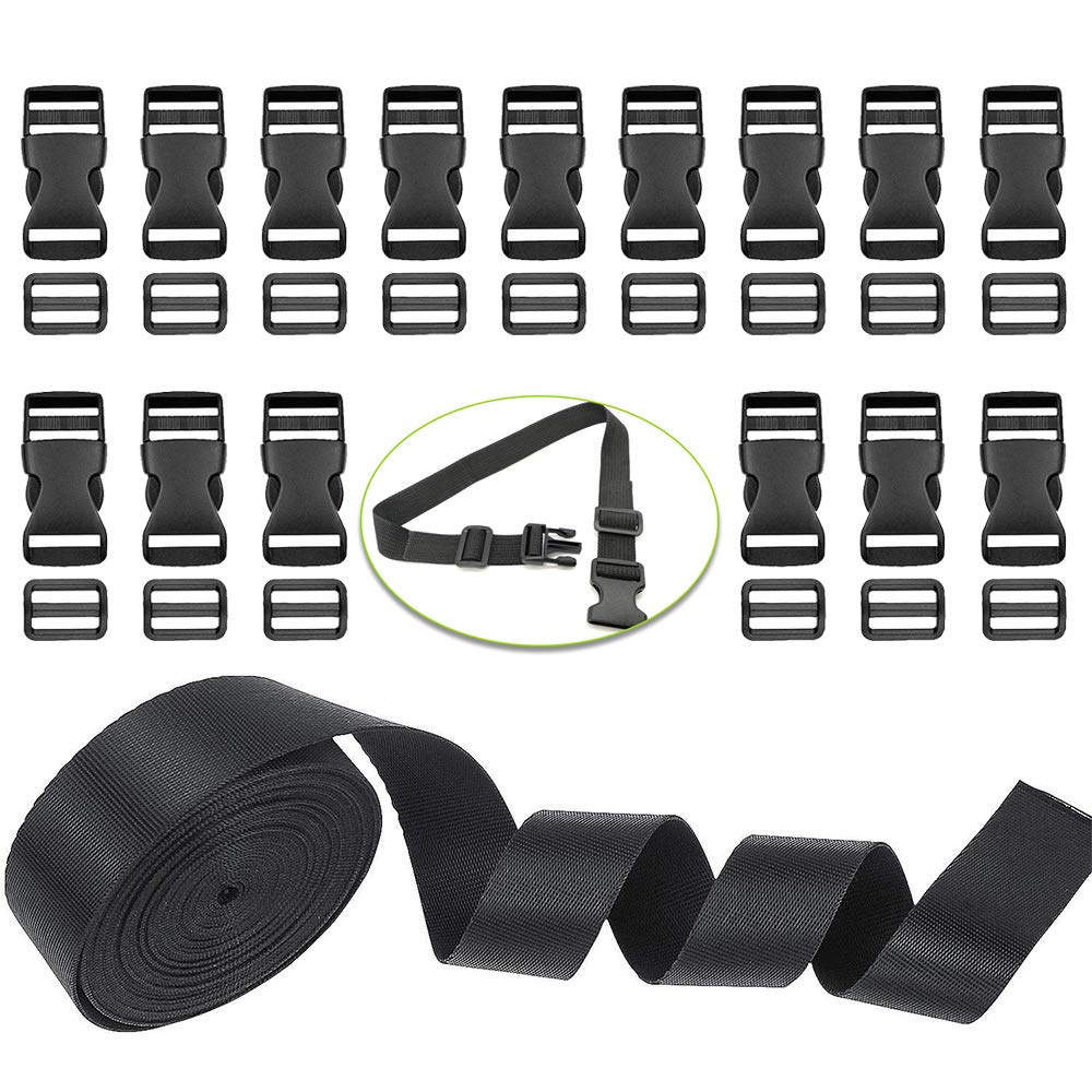 XCOZU 15 Piece Plastic 25mm Flat Side Release Buckle Clip and Tri-Glide Slides, 1 Roll 5 Yards 25mm Nylon Black Webbing Strap for Backpack webbing tape Repairing, DIY Luggage Strap, Pet Collar