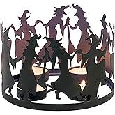 Primitives by Kathy Decorative Candle Holder, from Our Halloween Collection with Dimensional Design of Witch Shaped Metal Cutouts Surrounding 4 Metal Candle Holders, illuminates Dancing Witch Design